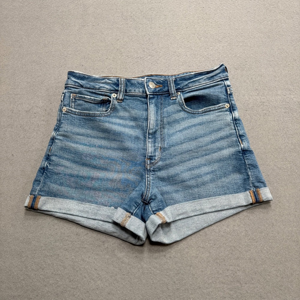 American Eagle Jean Shorts Women's 6 Blue Med Wash Stretch Whiskered Streetwear